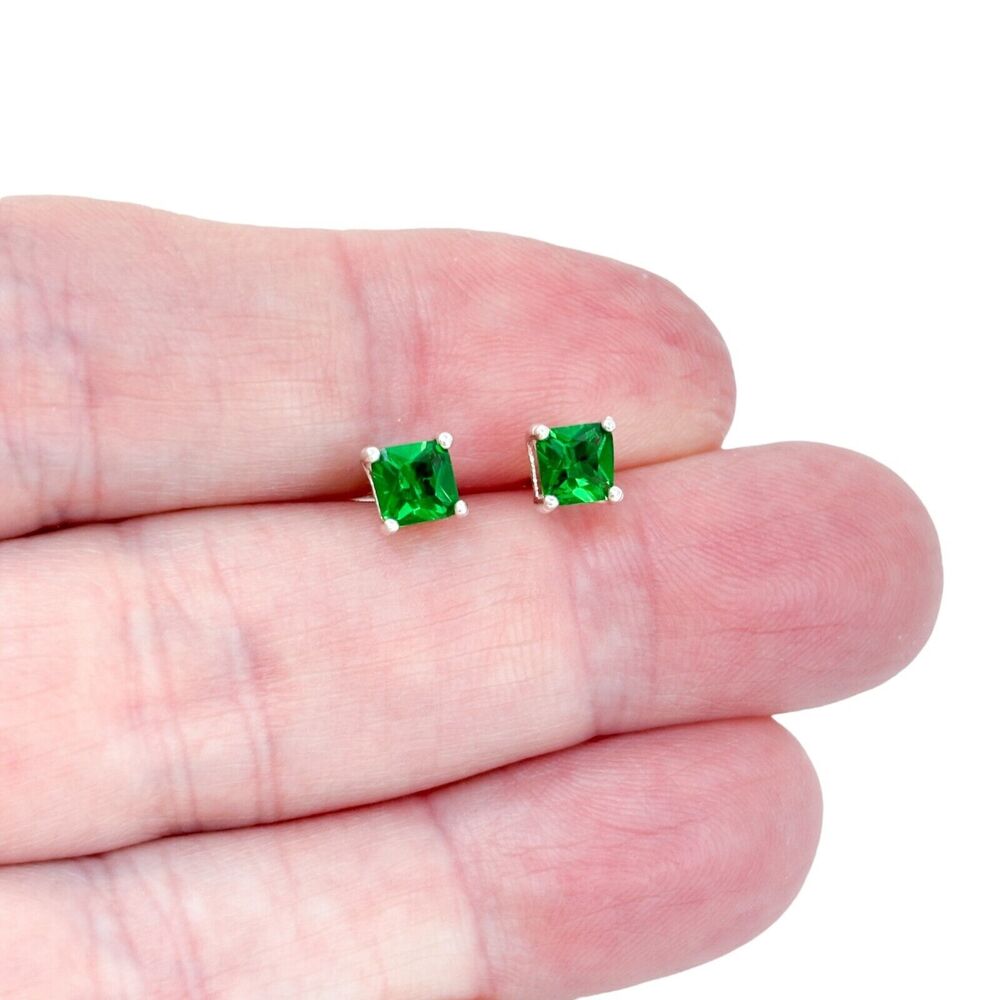 Estate Sterling Silver 925 5mm Green Cubic Zirconia Stud Earrings